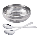 3pc Hammered SS Salad Bowl with Serving Utensil set - 12” In / 1.5Qt